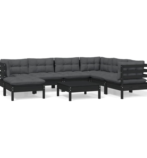 8-tlg. Garten-Lounge-Set mit Kissen Schwarz Kiefer Massivholz