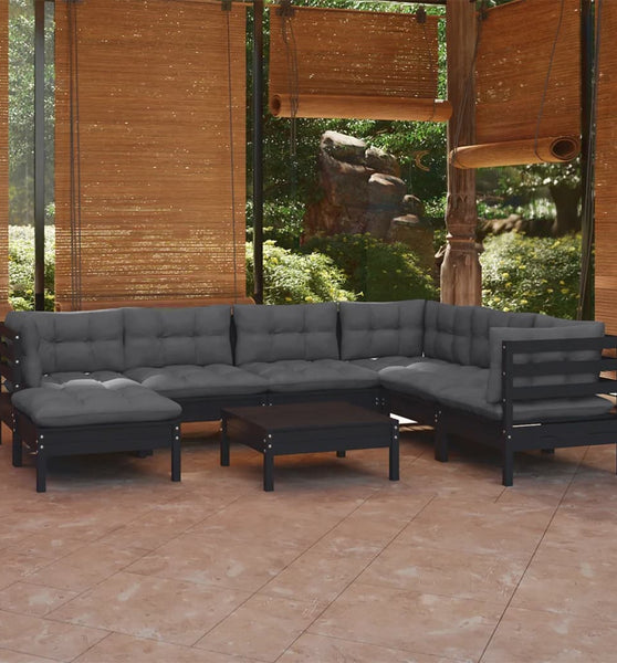 8-tlg. Garten-Lounge-Set mit Kissen Schwarz Kiefer Massivholz