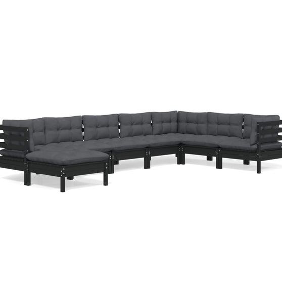 8-tlg. Garten-Lounge-Set mit Kissen Schwarz Massivholz Kiefer