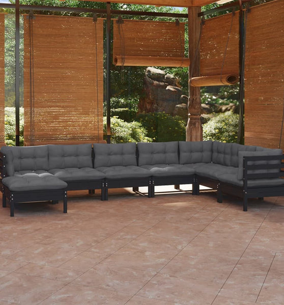 8-tlg. Garten-Lounge-Set mit Kissen Schwarz Massivholz Kiefer