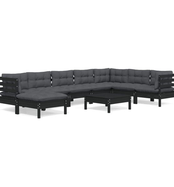 9-tlg. Garten-Lounge-Set mit Kissen Schwarz Kiefer Massivholz