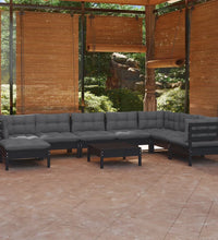 9-tlg. Garten-Lounge-Set mit Kissen Schwarz Kiefer Massivholz