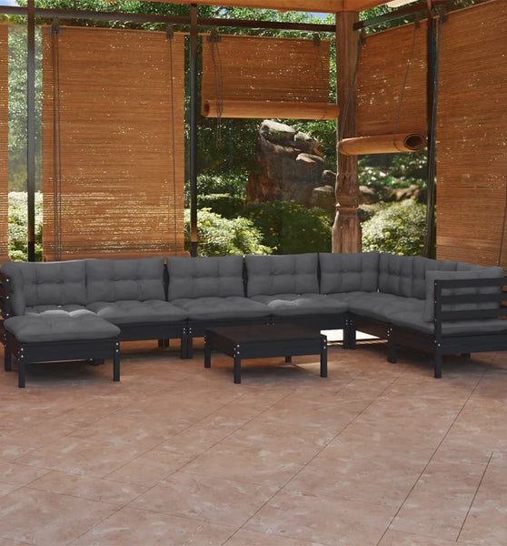 9-tlg. Garten-Lounge-Set mit Kissen Schwarz Kiefer Massivholz