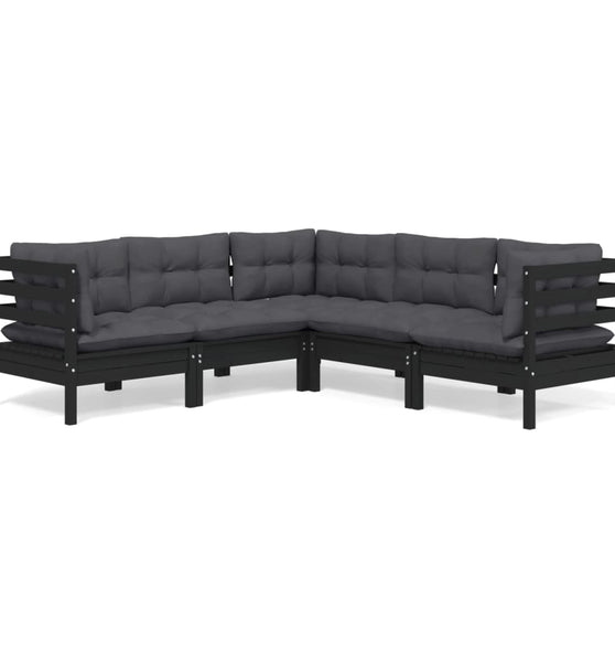 5-tlg. Garten-Lounge-Set mit Kissen Schwarz Kiefer Massivholz