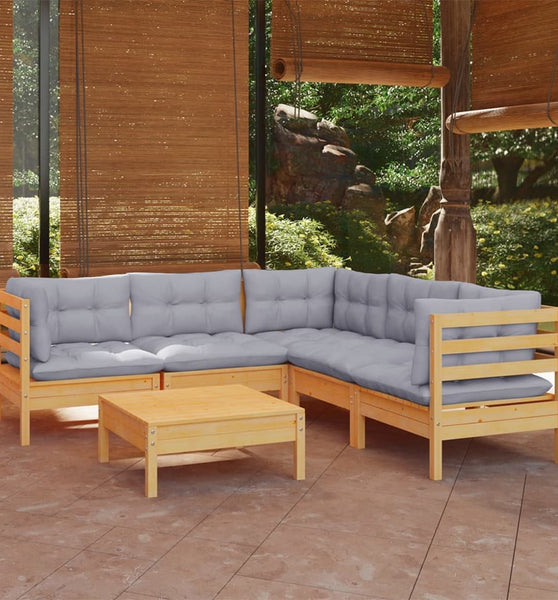 6-tlg. Garten-Lounge-Set mit Grauen Kissen Kiefer Massivholz