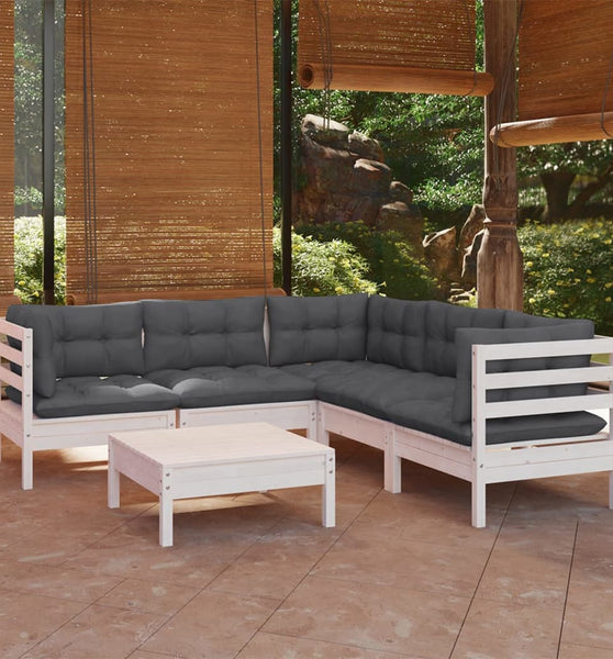 6-tlg. Garten-Lounge-Set mit Kissen Weiß Kiefer Massivholz