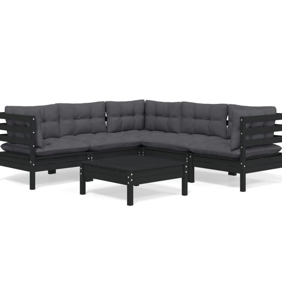 6-tlg. Garten-Lounge-Set mit Kissen Schwarz Massivholz Kiefer