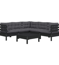 6-tlg. Garten-Lounge-Set mit Kissen Schwarz Massivholz Kiefer