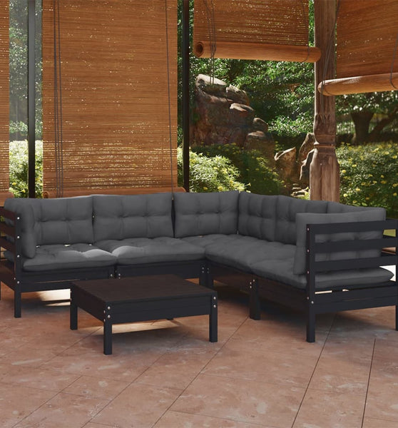 6-tlg. Garten-Lounge-Set mit Kissen Schwarz Massivholz Kiefer