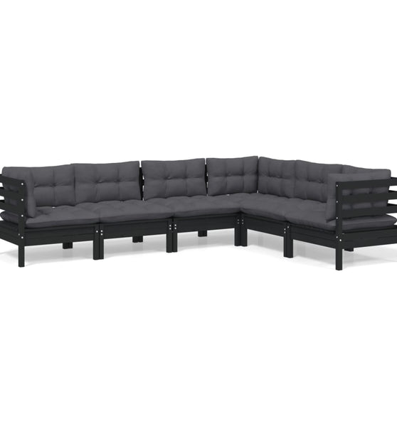 6-tlg. Garten-Lounge-Set mit Kissen Schwarz Massivholz Kiefer