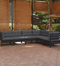 6-tlg. Garten-Lounge-Set mit Kissen Schwarz Massivholz Kiefer