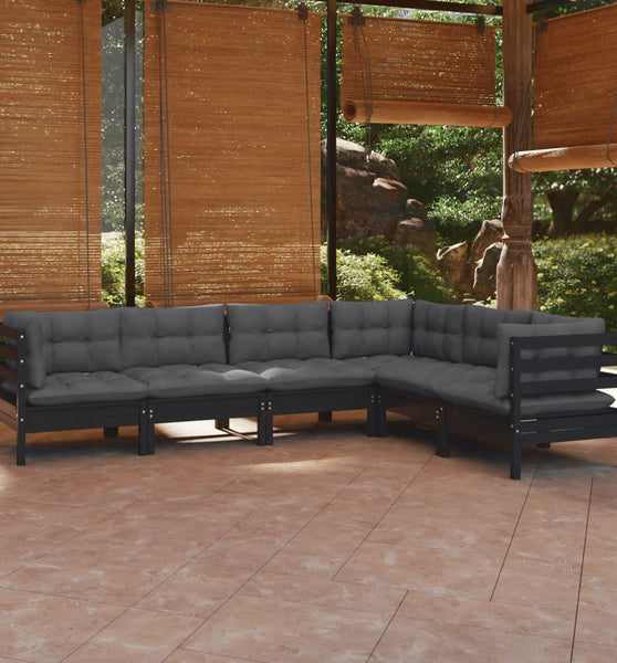 6-tlg. Garten-Lounge-Set mit Kissen Schwarz Massivholz Kiefer