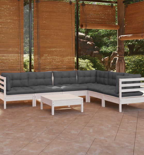 7-tlg. Garten-Lounge-Set mit Kissen Weiß Kiefer Massivholz