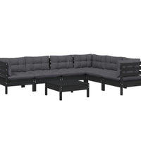 7-tlg. Garten-Lounge-Set mit Kissen Schwarz Massivholz Kiefer