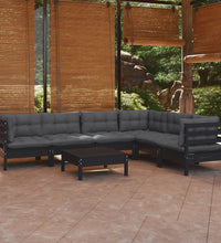 7-tlg. Garten-Lounge-Set mit Kissen Schwarz Massivholz Kiefer