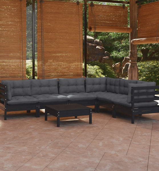 7-tlg. Garten-Lounge-Set mit Kissen Schwarz Massivholz Kiefer