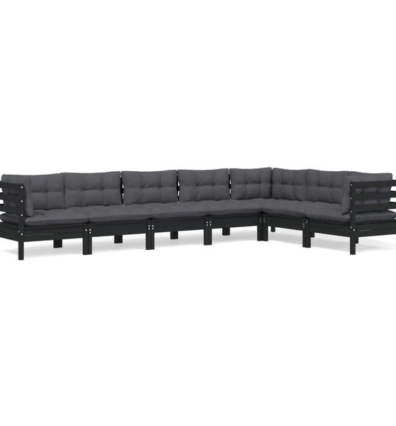 7-tlg. Garten-Lounge-Set mit Kissen Schwarz Kiefer Massivholz