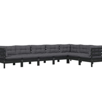 7-tlg. Garten-Lounge-Set mit Kissen Schwarz Kiefer Massivholz