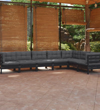 7-tlg. Garten-Lounge-Set mit Kissen Schwarz Kiefer Massivholz