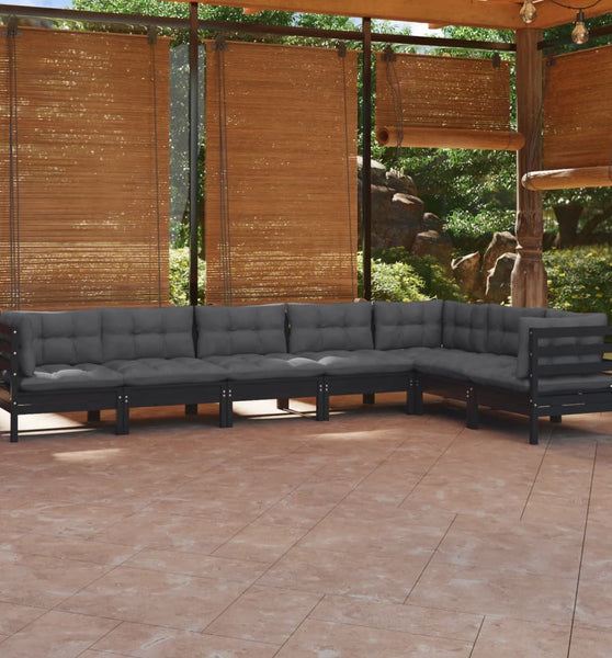 7-tlg. Garten-Lounge-Set mit Kissen Schwarz Kiefer Massivholz