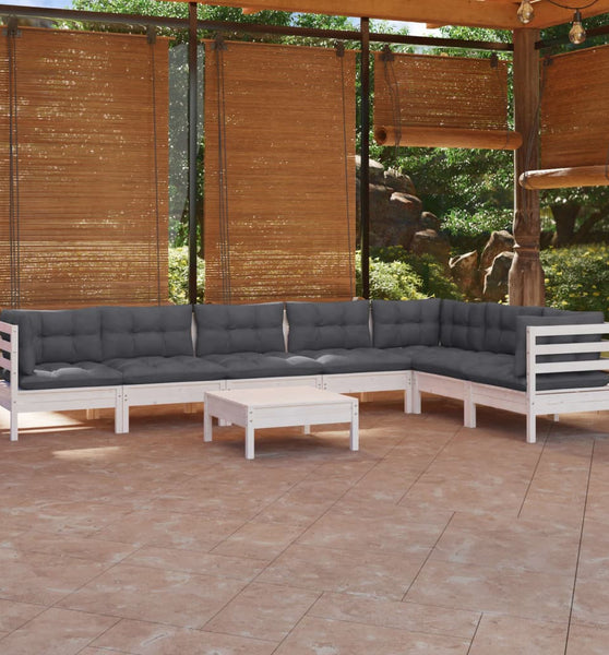 8-tlg. Garten-Lounge-Set mit Kissen Weiß Kiefer Massivholz