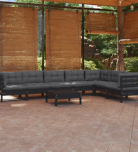 8-tlg. Garten-Lounge-Set mit Kissen Schwarz Massivholz Kiefer