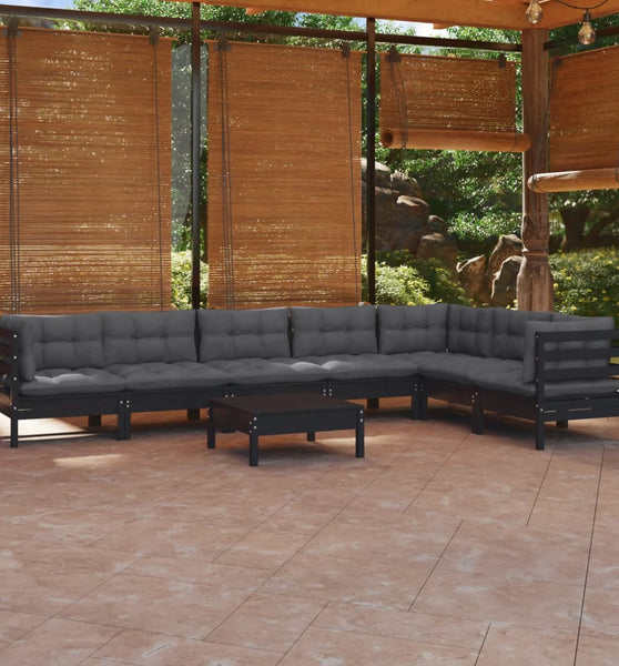 8-tlg. Garten-Lounge-Set mit Kissen Schwarz Massivholz Kiefer