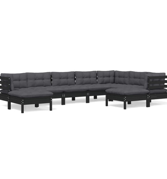 9-tlg. Garten-Lounge-Set mit Kissen Schwarz Kiefer Massivholz