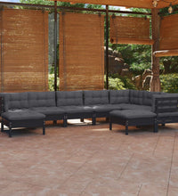 9-tlg. Garten-Lounge-Set mit Kissen Schwarz Kiefer Massivholz