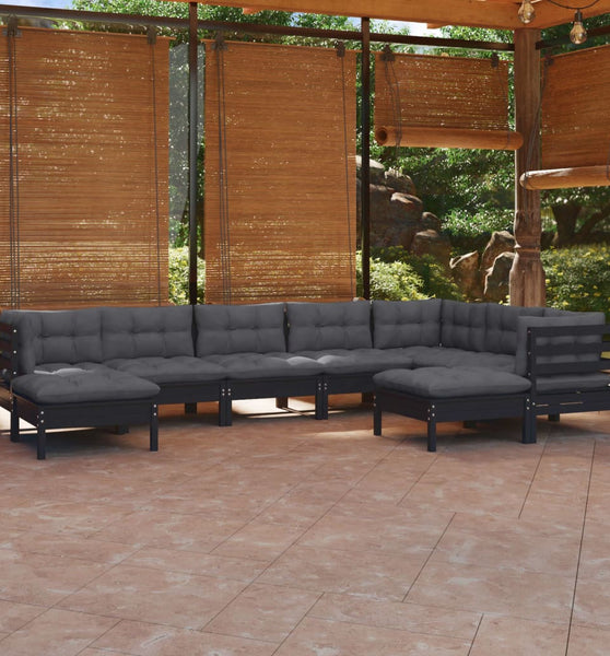 9-tlg. Garten-Lounge-Set mit Kissen Schwarz Kiefer Massivholz