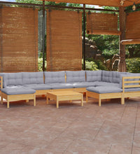 10-tlg. Garten-Lounge-Set mit Grauen Kissen Kiefer Massivholz