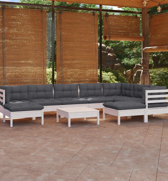 10-tlg. Garten-Lounge-Set mit Kissen Weiß Kiefer Massivholz