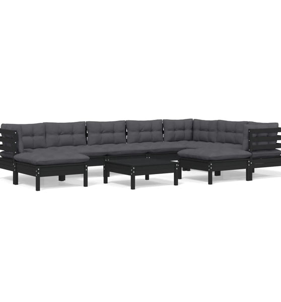 10-tlg. Garten-Lounge-Set mit Kissen Schwarz Kiefer Massivholz