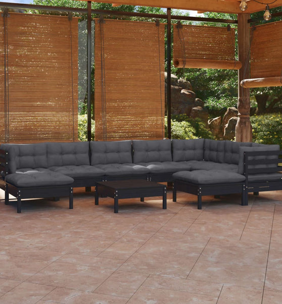 10-tlg. Garten-Lounge-Set mit Kissen Schwarz Kiefer Massivholz