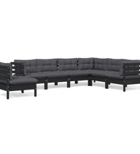 7-tlg. Garten-Lounge-Set mit Kissen Schwarz Kiefer Massivholz