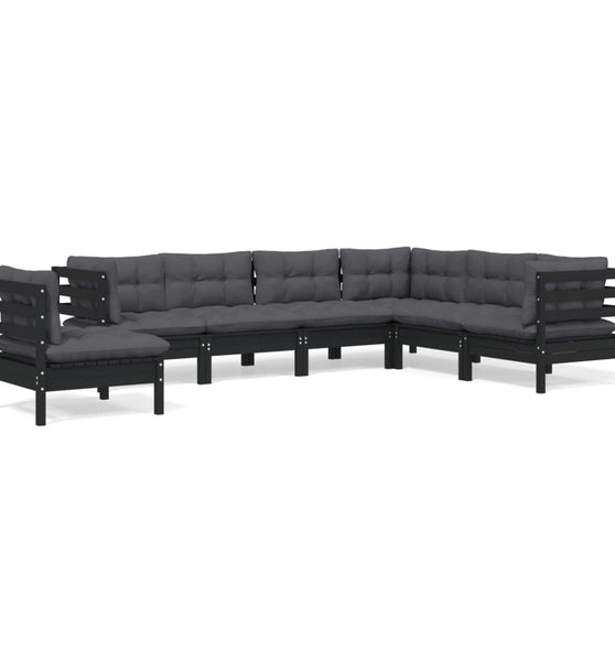 7-tlg. Garten-Lounge-Set mit Kissen Schwarz Kiefer Massivholz