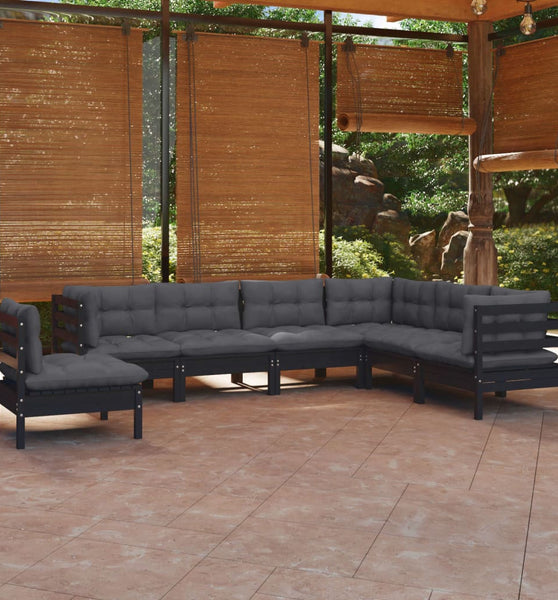 7-tlg. Garten-Lounge-Set mit Kissen Schwarz Kiefer Massivholz