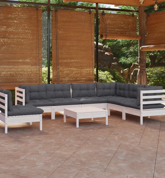 8-tlg. Garten-Lounge-Set mit Kissen Weiß Kiefer Massivholz