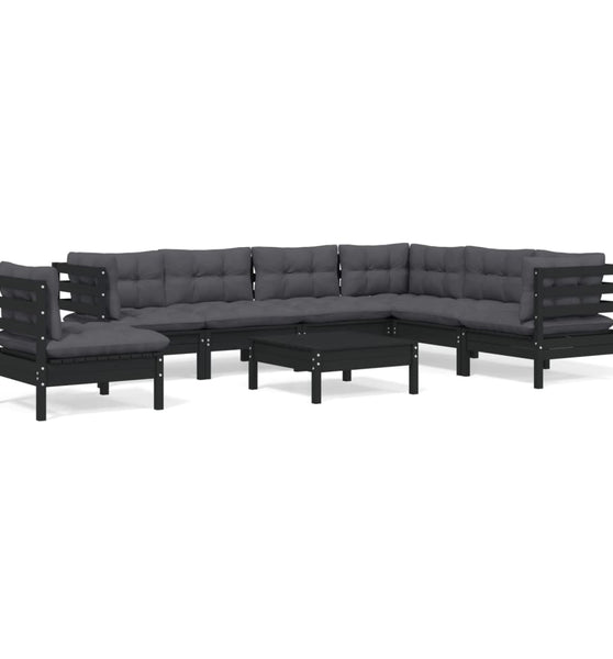 8-tlg. Garten-Lounge-Set mit Kissen Schwarz Massivholz Kiefer