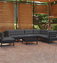 8-tlg. Garten-Lounge-Set mit Kissen Schwarz Massivholz Kiefer