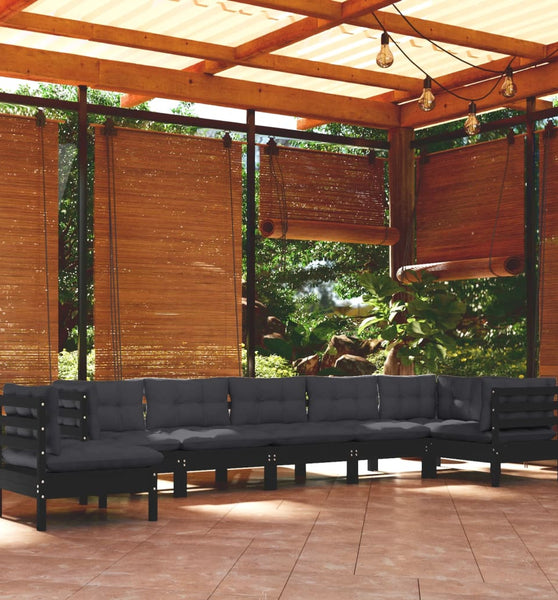 8-tlg. Garten-Lounge-Set mit Kissen Schwarz Massivholz Kiefer