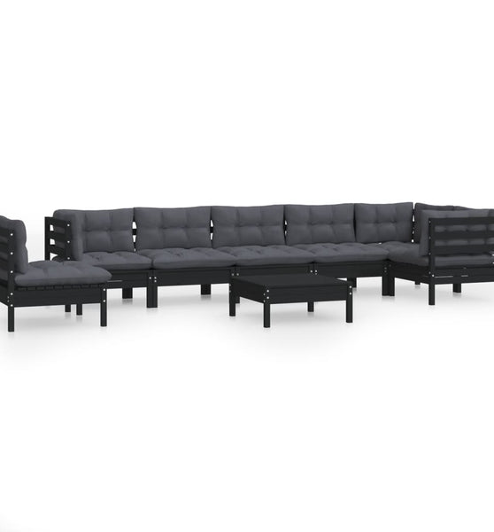 9-tlg. Garten-Lounge-Set mit Kissen Schwarz Massivholz Kiefer