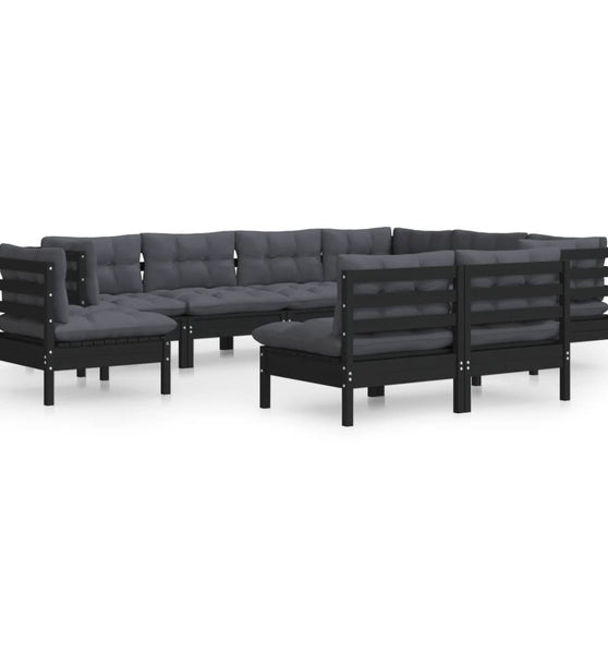 9-tlg. Garten-Lounge-Set mit Kissen Schwarz Massivholz Kiefer