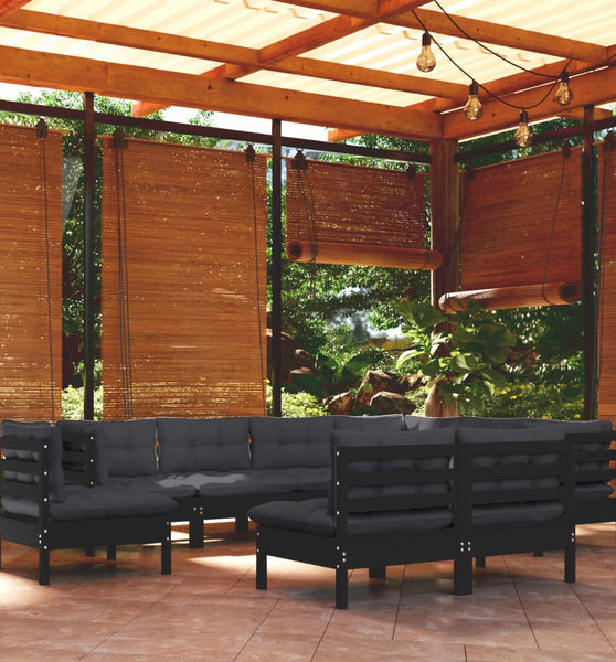 9-tlg. Garten-Lounge-Set mit Kissen Schwarz Massivholz Kiefer