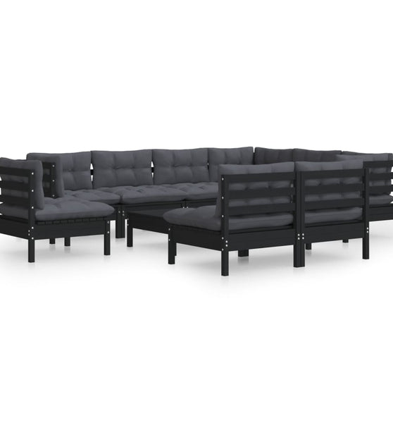 10-tlg. Garten-Lounge-Set mit Kissen Schwarz Massivholz Kiefer