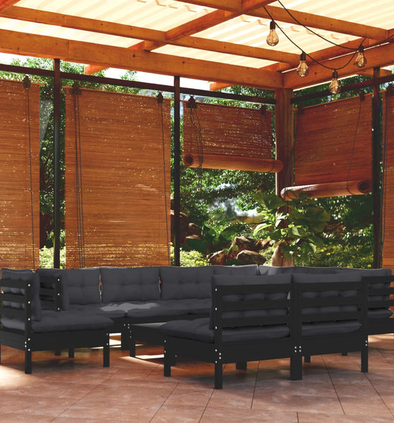 10-tlg. Garten-Lounge-Set mit Kissen Schwarz Massivholz Kiefer