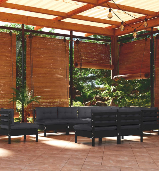 10-tlg. Garten-Lounge-Set mit Kissen Schwarz Massivholz Kiefer