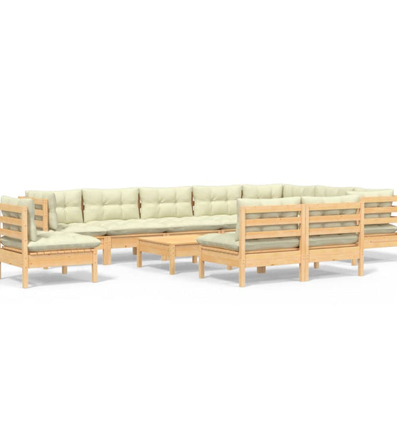 11-tlg. Garten-Lounge-Set mit Creme Kissen Massivholz Kiefer