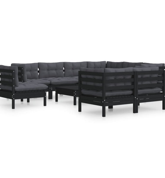 10-tlg. Garten-Lounge-Set mit Kissen Schwarz Massivholz Kiefer