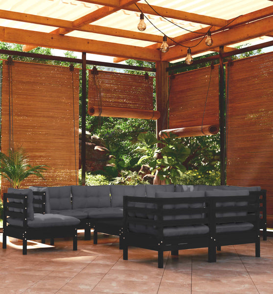 10-tlg. Garten-Lounge-Set mit Kissen Schwarz Massivholz Kiefer